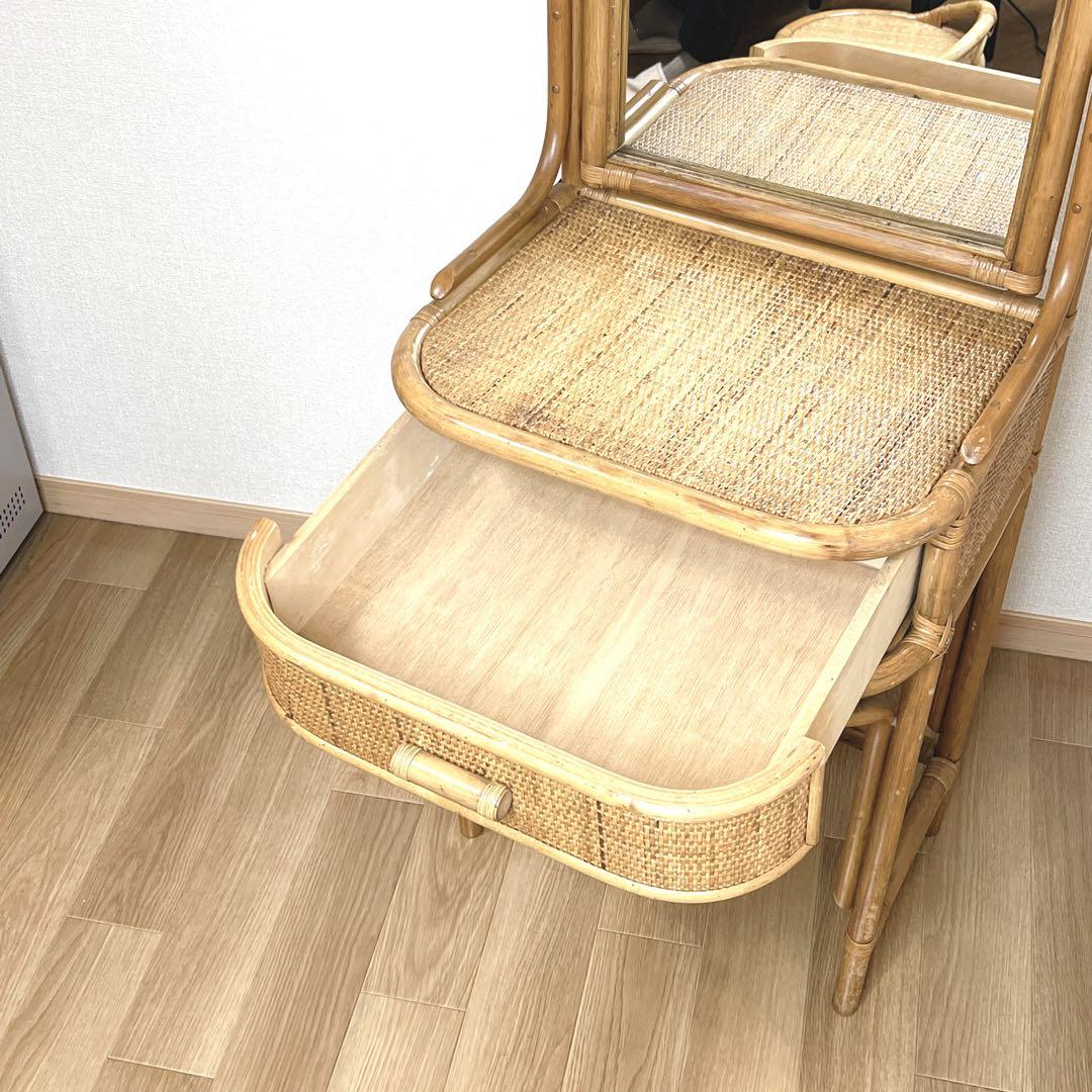 【良品】 ラタン ドレッサー 鏡台 化粧台 スツール付き 籐家具　古家具 レトロ