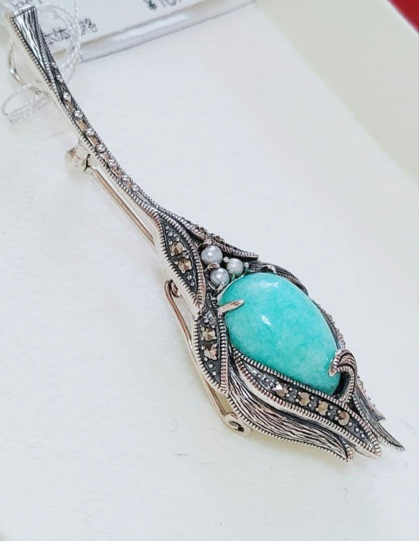 未使用品 碌山 アマゾナイト ベビー真珠 ブローチ 兼 ペンダント