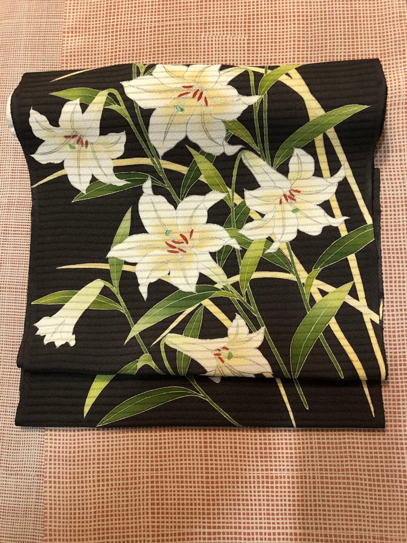 「お値下げ致しました。」単衣 夏染帯 百合 新品未仕立、生地は絽縮緬 仕立代込み