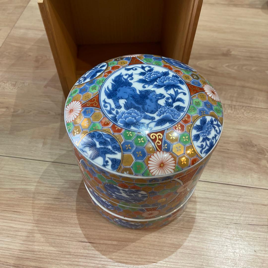 (60s)前畑　庫山窯 金彩亀甲獅子牡丹　三段重 蓋付き重ね鉢 陶器の重箱