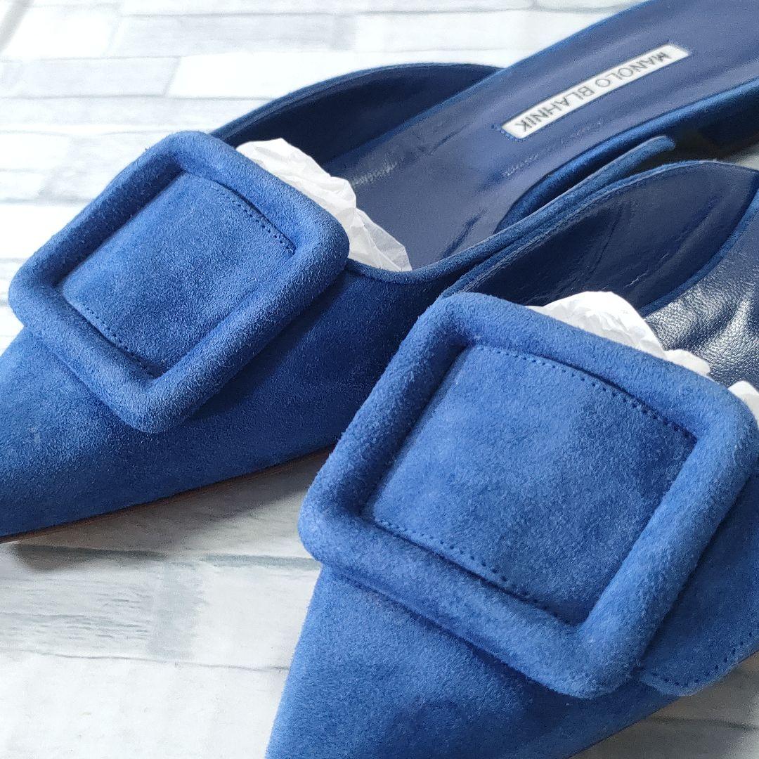 保存袋付き✨マノロブラニク　メイセール　スウェードミュール　バックル　ブルー38