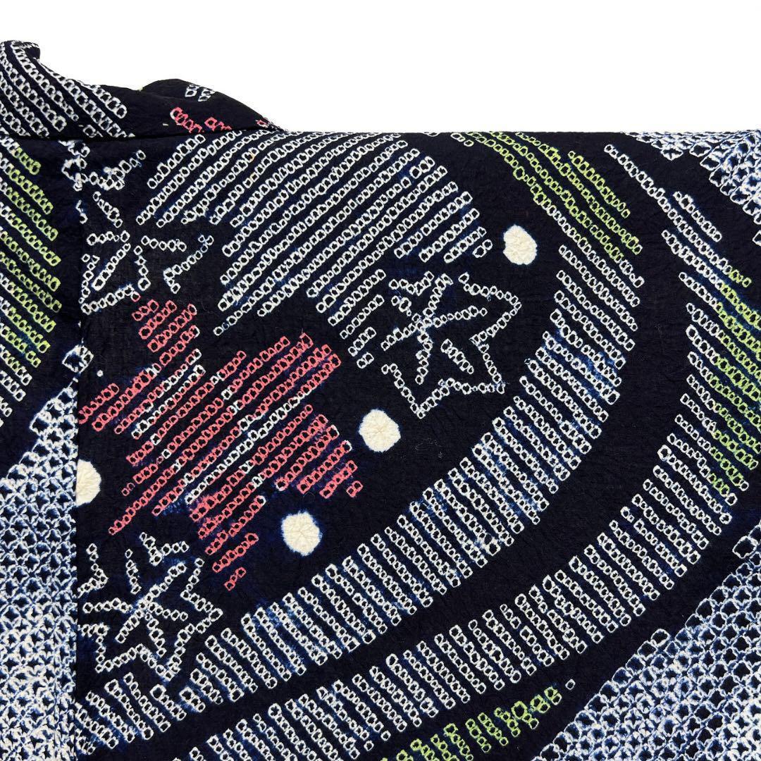 有松鳴海絞り　流水　楓　ネイビー系　着物　043w d