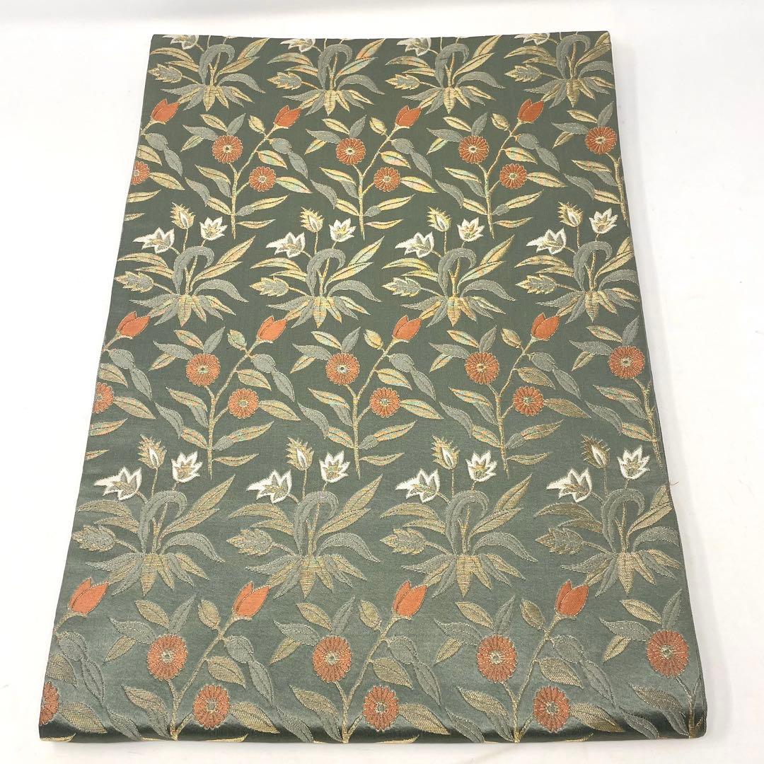 ［ 名古屋帯/ ］正絹　灰みの黄緑　草花　金糸　着物　江戸小紋　色無地　付け下げ