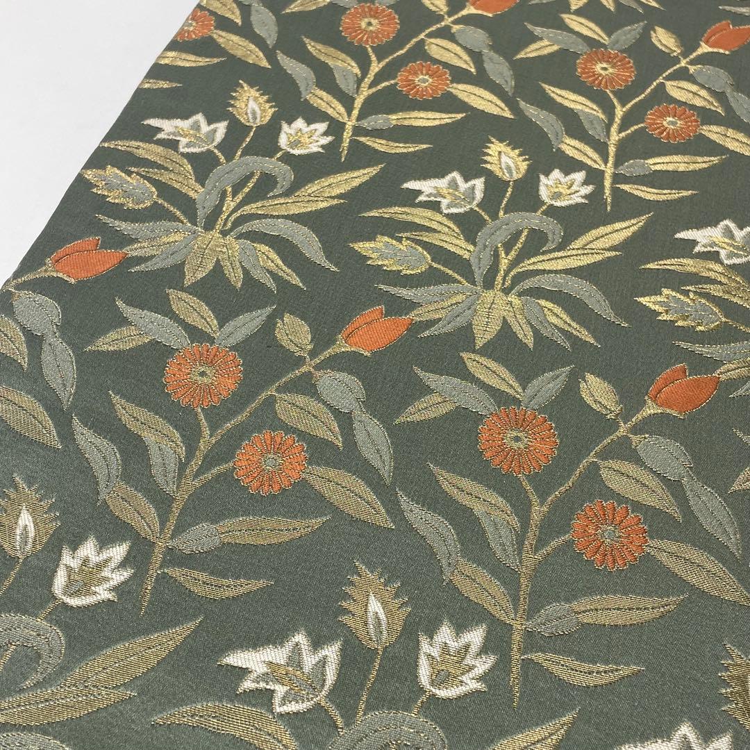 ［ 名古屋帯/ ］正絹　灰みの黄緑　草花　金糸　着物　江戸小紋　色無地　付け下げ