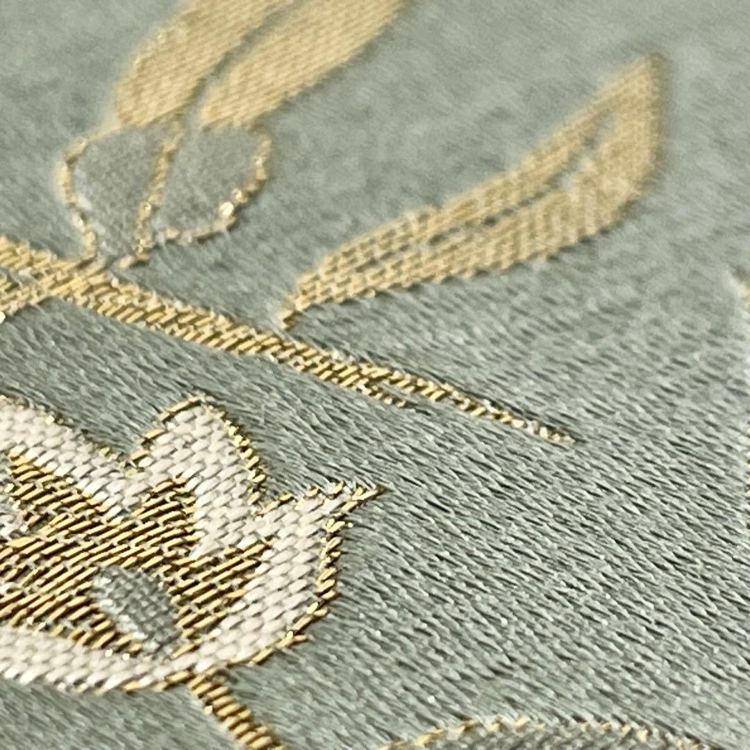 ［ 名古屋帯/ ］正絹　灰みの黄緑　草花　金糸　着物　江戸小紋　色無地　付け下げ