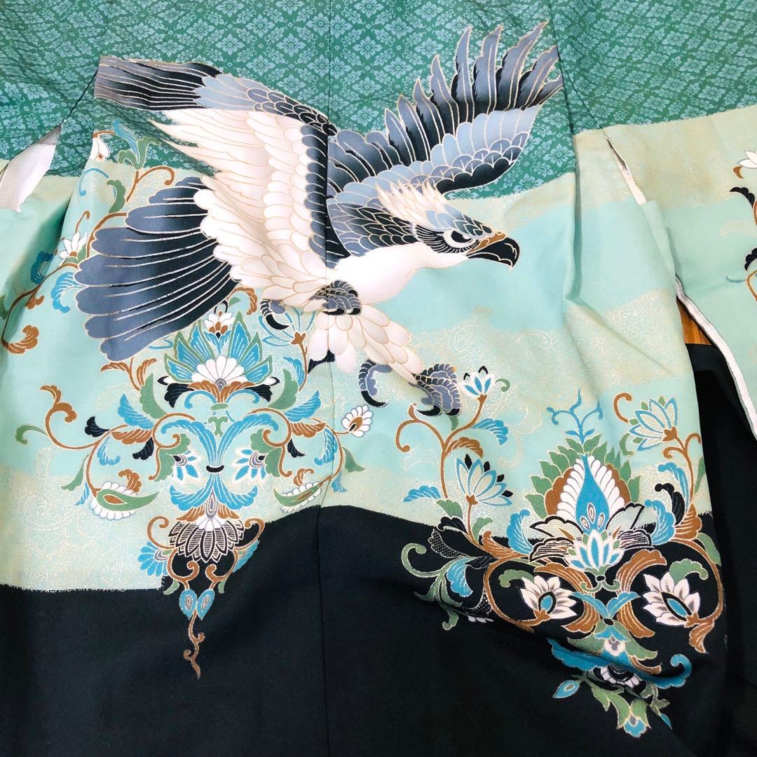 七五三 五歳‼️グリーン系に鷹金彩煌びやか‼️袴未使用しつけ糸付き‼️完全フルセット‼️