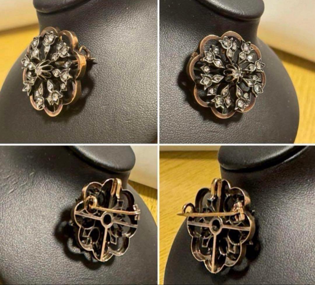 フランス　アンティーク　18金　ブローチ 花型　沢山のローズカットダイヤ。