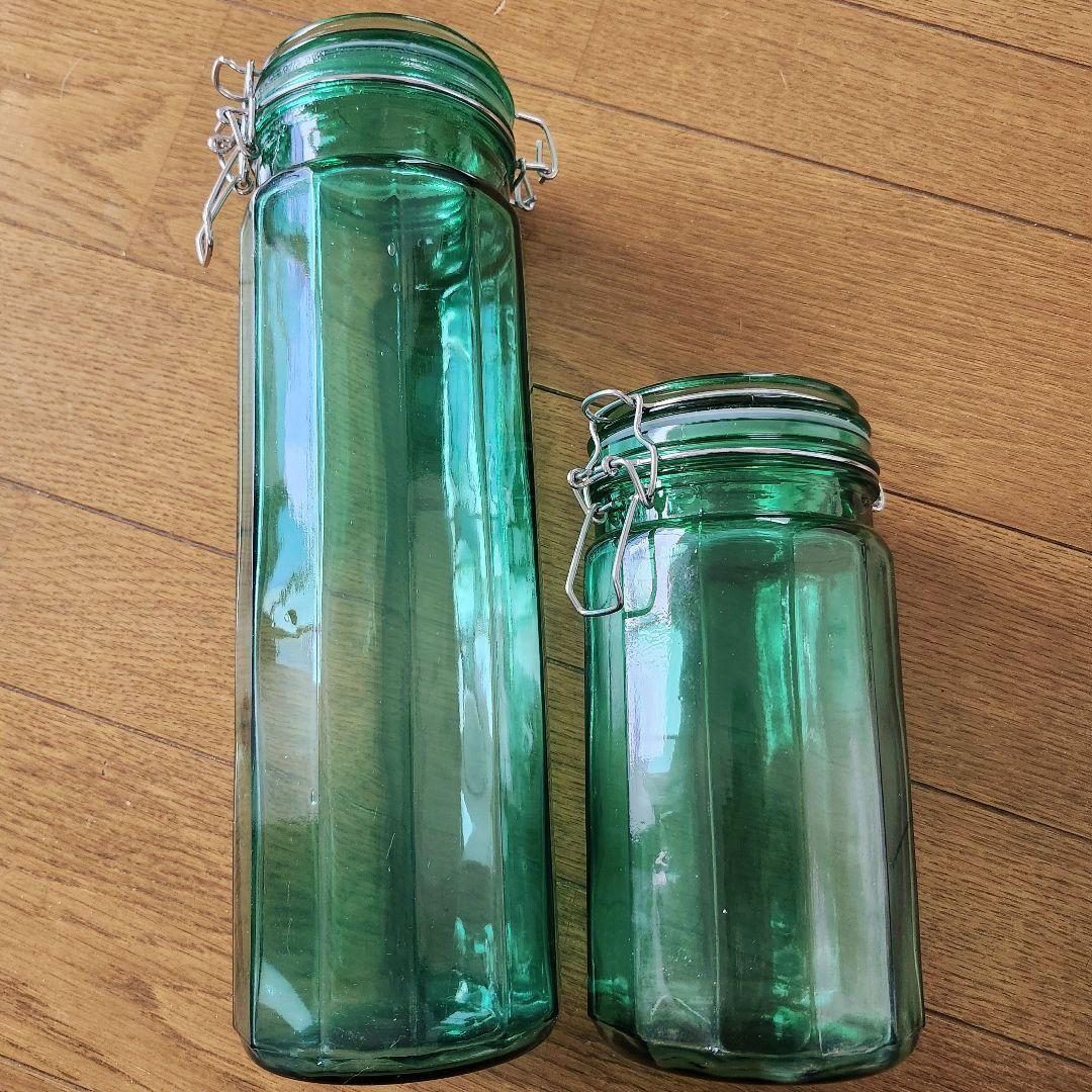 ガラス　キャニスター　ヴィンテージ　アンティーク　レトロ　グリーン