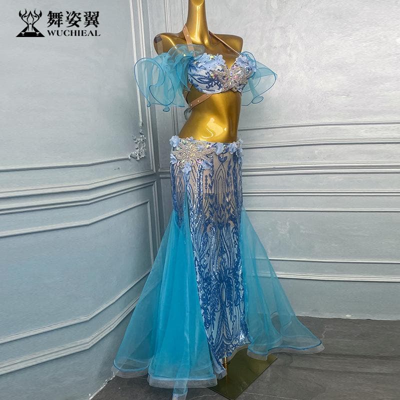 ベリーダンス衣装 ビジュー ブルー×パープル舞台用 ロングスカートセット