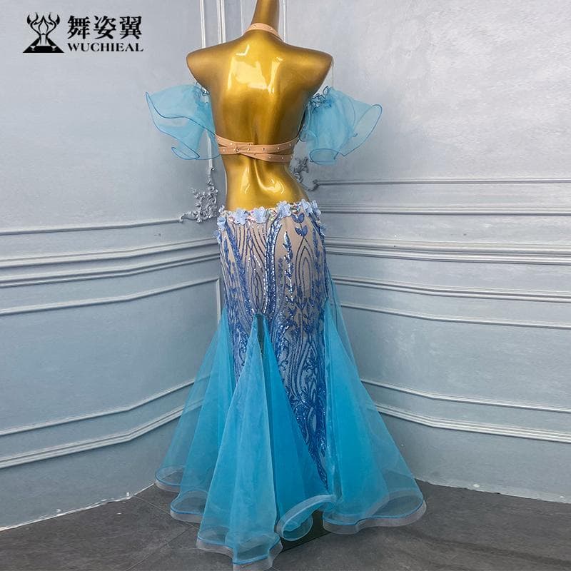 ベリーダンス衣装 ビジュー ブルー×パープル舞台用 ロングスカートセット