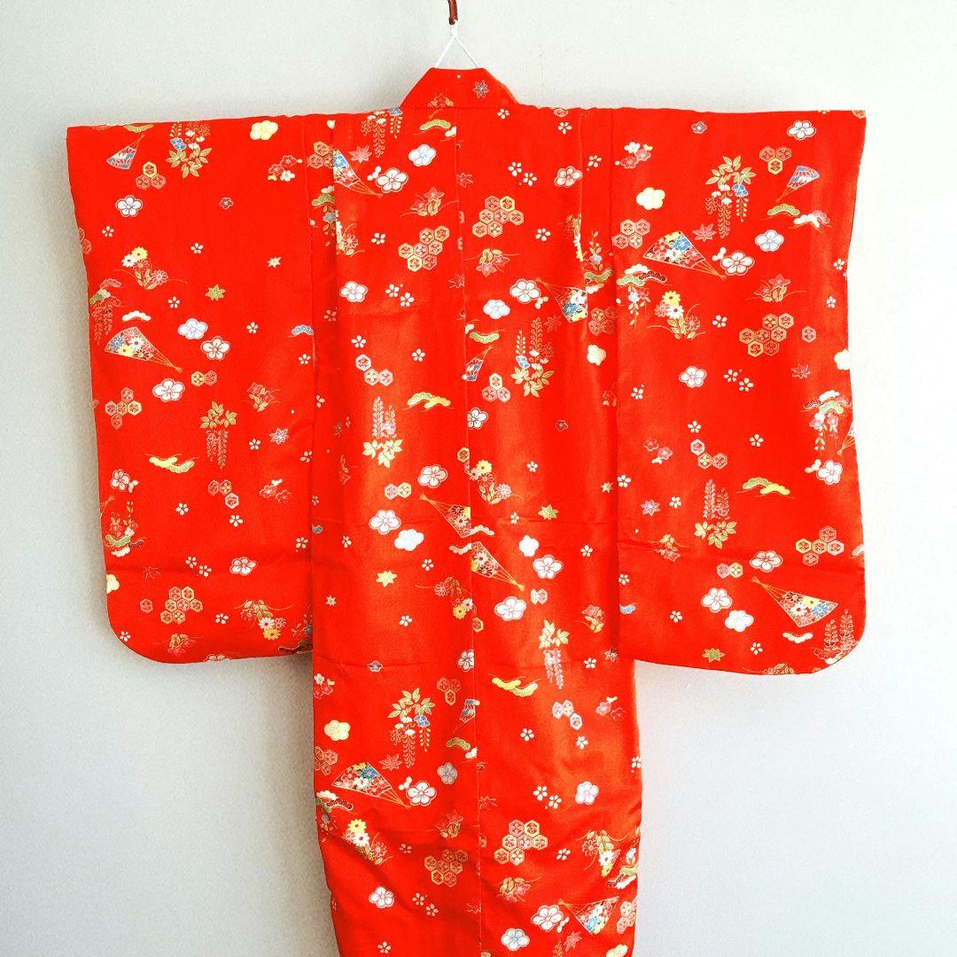 美品　フルセット 七五三3歳　赤地　草履　巾着　長着×襦袢×被布　箱入り　藤扇梅