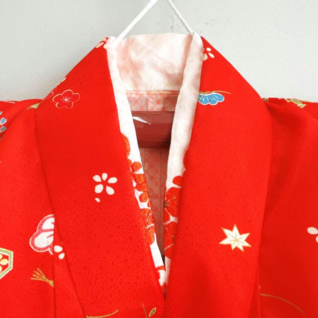 美品　フルセット 七五三3歳　赤地　草履　巾着　長着×襦袢×被布　箱入り　藤扇梅