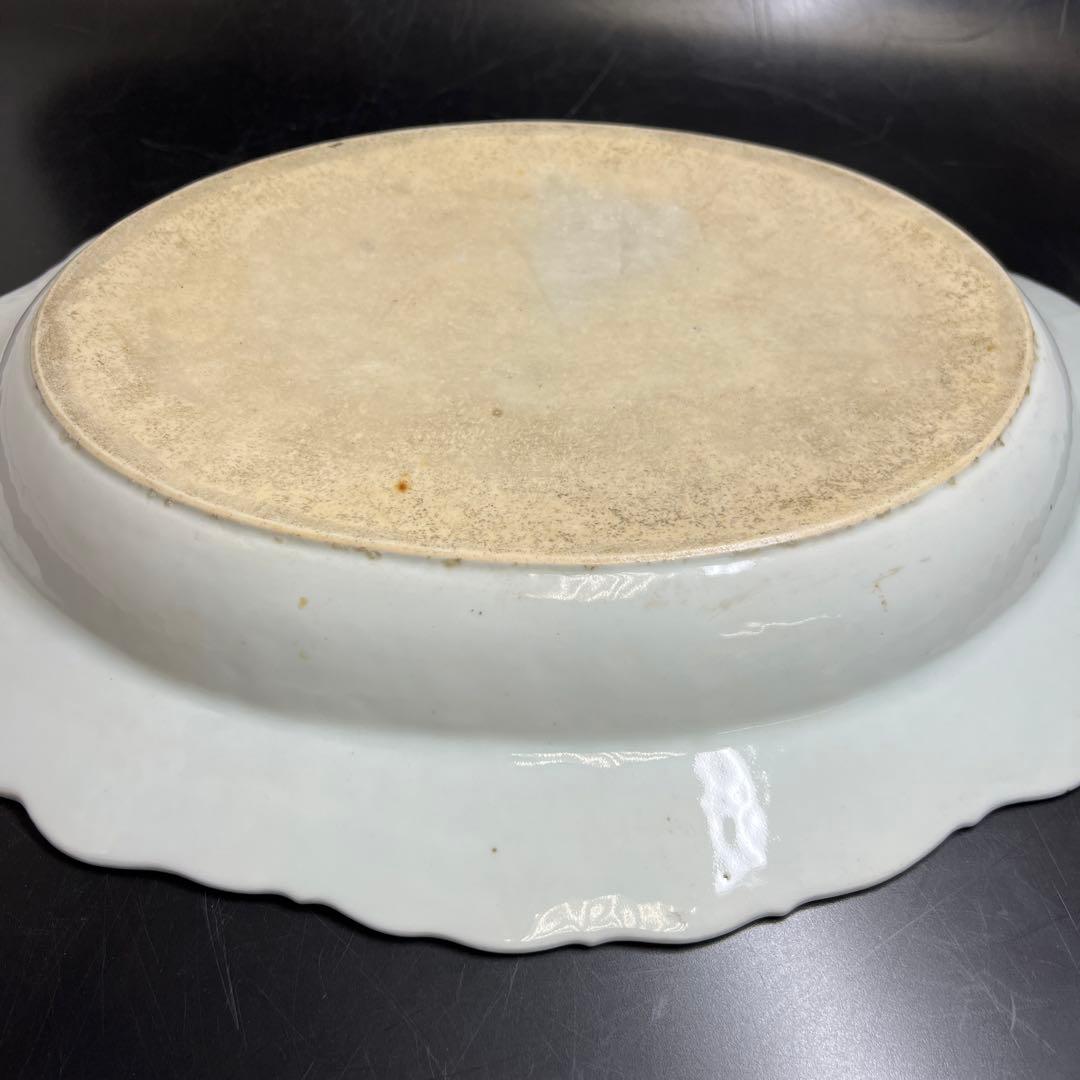 中国清朝時代　新渡青花オーバル皿　木箱付　幅約42.5㎝　東Y7-1024☆2F