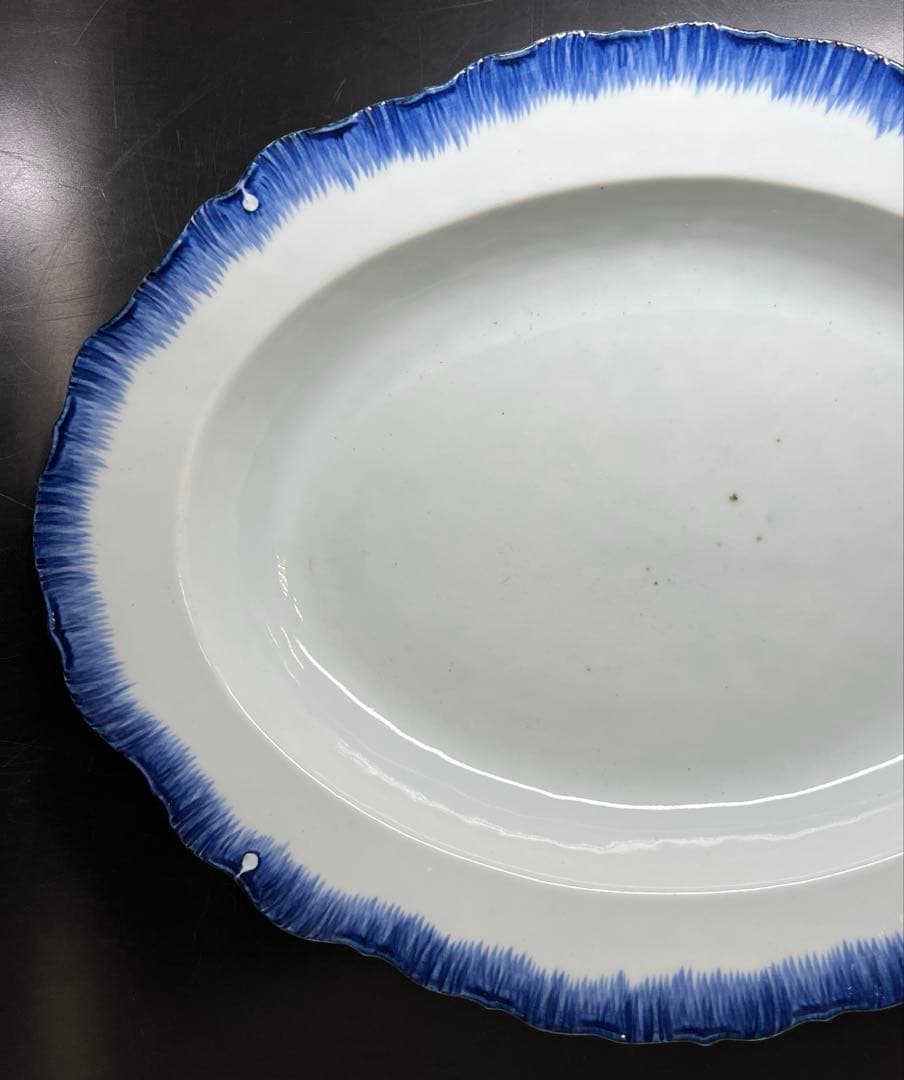 中国清朝時代　新渡青花オーバル皿　木箱付　幅約42.5㎝　東Y7-1024☆2F