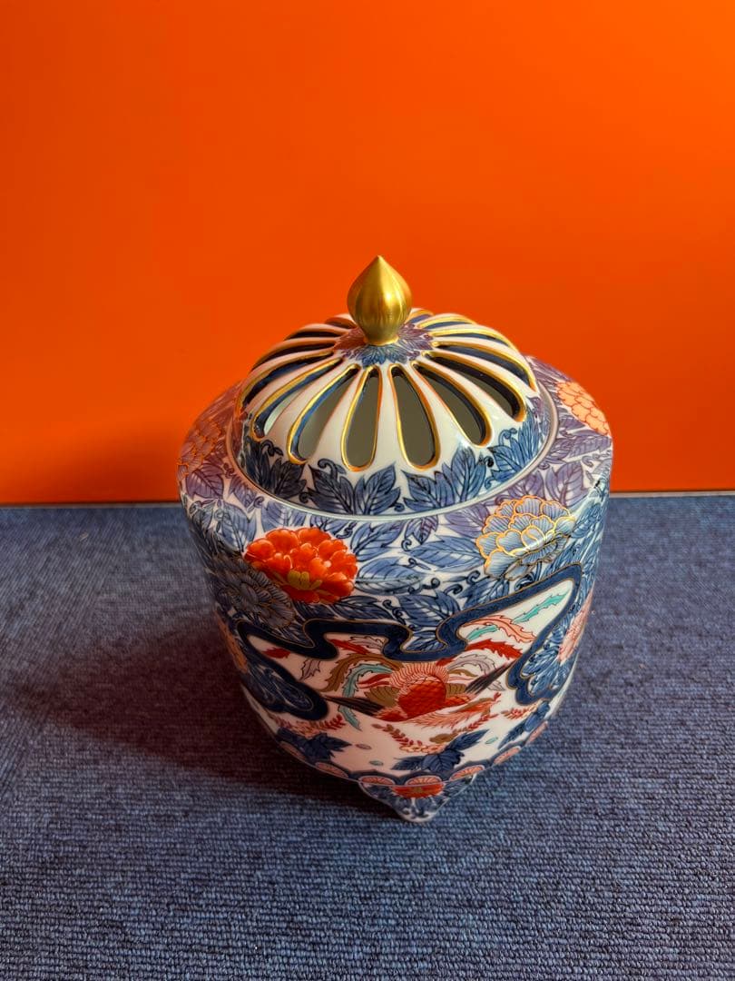 1032 藤井朱明作　染付鳳凰紋　香炉　金彩　未使用