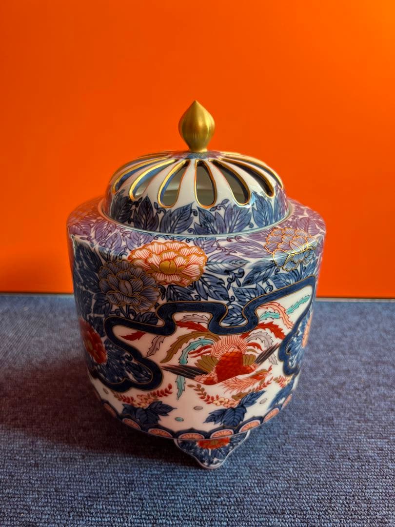 1032 藤井朱明作　染付鳳凰紋　香炉　金彩　未使用