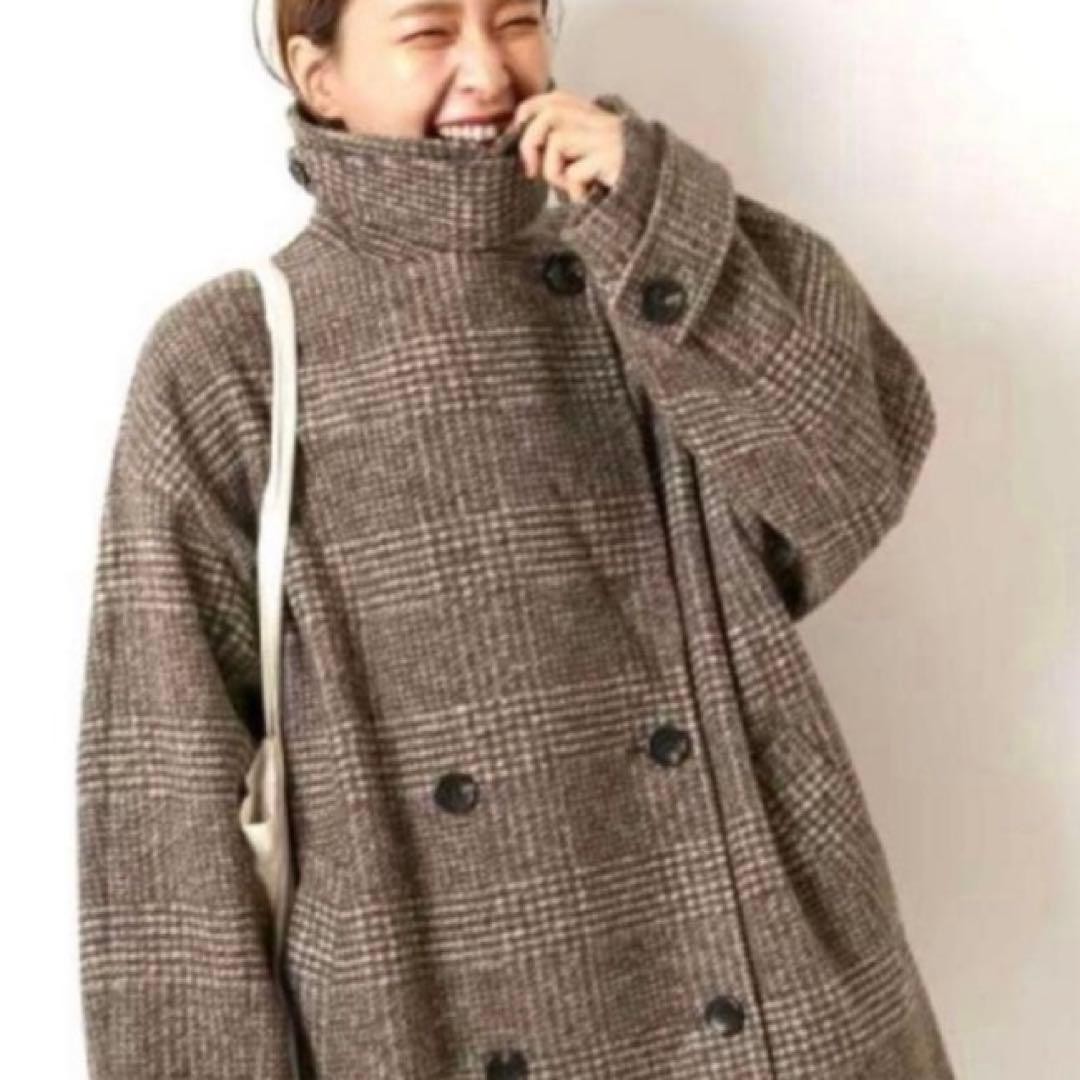 Spick&Span Wスライバーチェックハーフコート　36 ブラウン 23AW