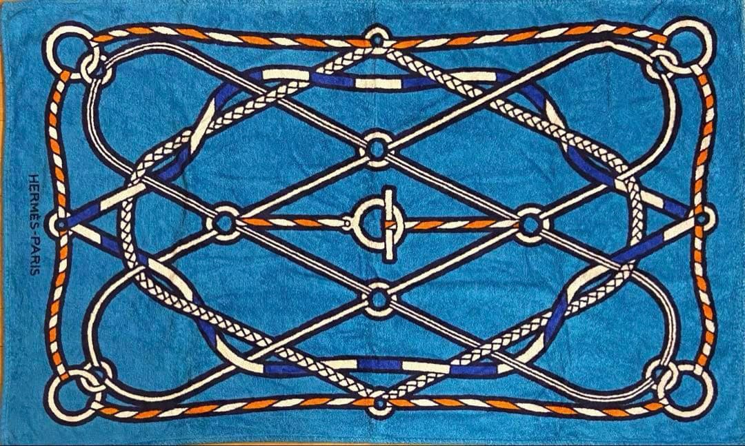 美品 エルメス ビーチタオル ラグ 玄関マット ロープ柄　海 夏 マリンブルー