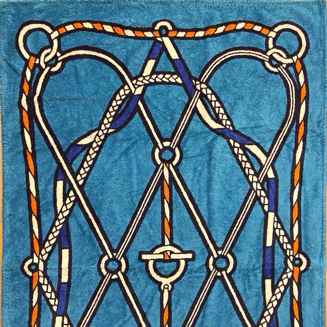 美品 エルメス ビーチタオル ラグ 玄関マット ロープ柄　海 夏 マリンブルー