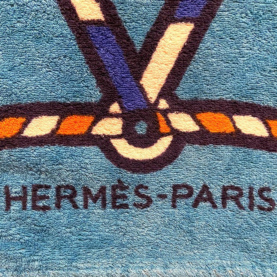 美品 エルメス ビーチタオル ラグ 玄関マット ロープ柄　海 夏 マリンブルー