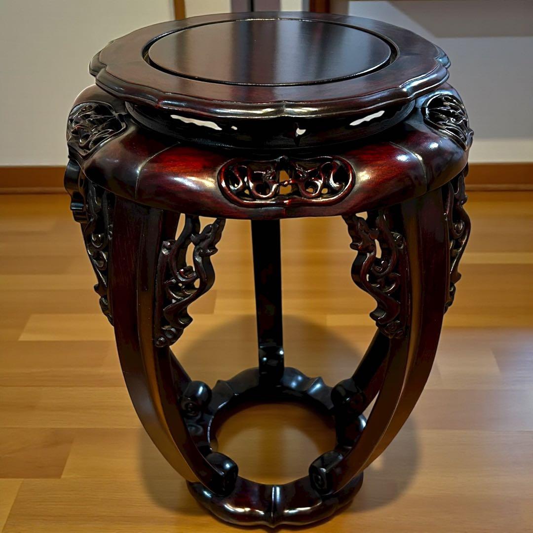 極上 唐木 花台 紫檀調 五足 飾台 花瓶台 香炉台 透かし彫り 高級 和家具