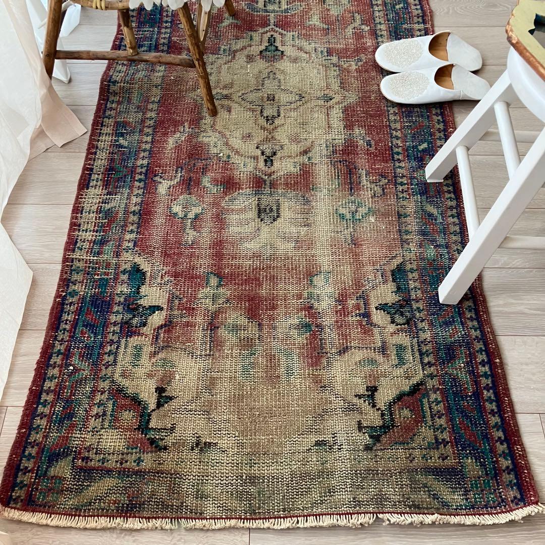 メダリオン✳︎ブルー85〜78×196✳︎レッドパープル　トルコヴィンテージラグ