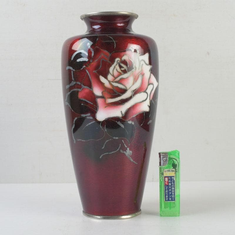 七宝焼　赤透釉　花文　花瓶　V　9900
