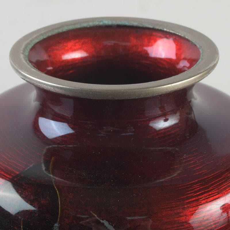 七宝焼　赤透釉　花文　花瓶　V　9900