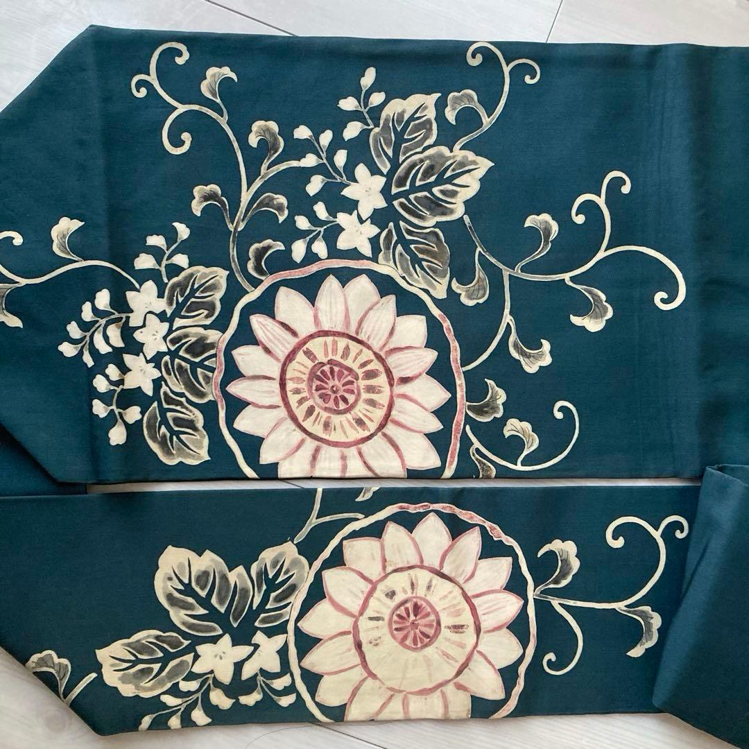 塩瀬の名古屋帯　レトロな向日葵　花唐草模様　上質　正絹　青緑　No2-22