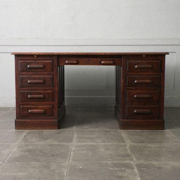 37441★英国 アンティーク 両袖 デスク オーク 書斎 机 クラシック