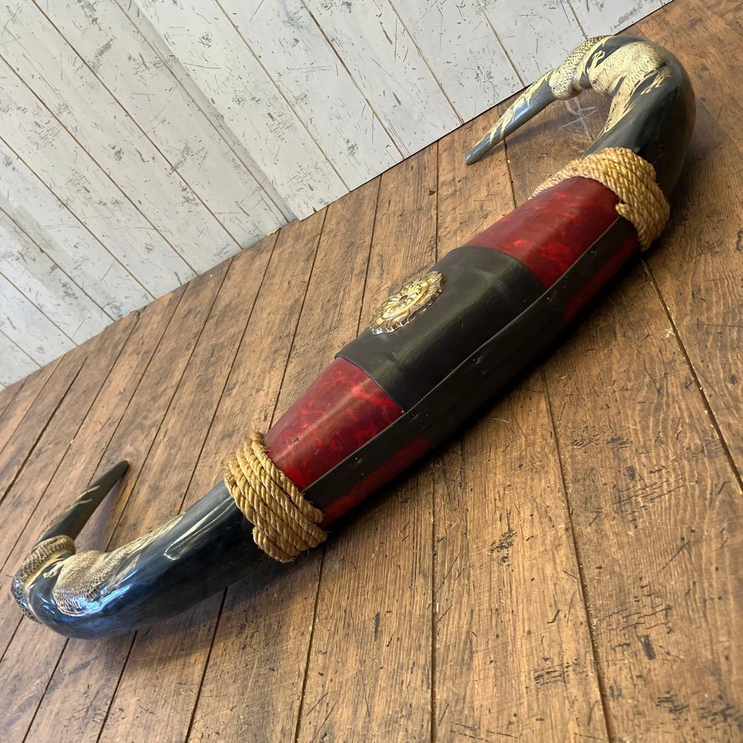 昭和レトロ アンティーク 水牛の角 彫刻 龍 双龍 天然 縁起物 置物 オブジェ