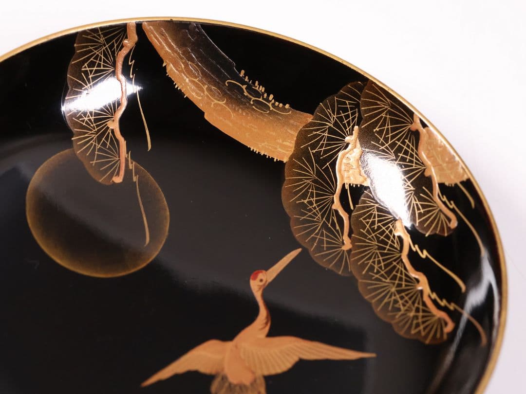 【CM377】大正期 月と松 飛翔鶴 金蒔絵 欅地溜塗 黒塗 椀二客 木製漆器