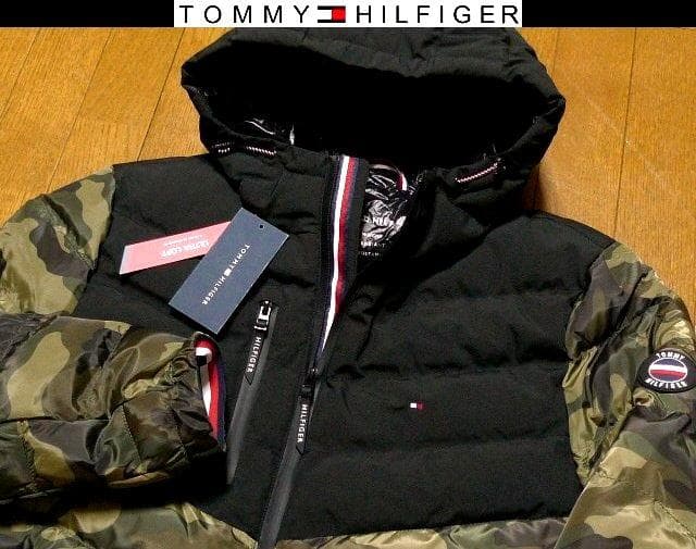 L日本サイズ位トミーヒルフィガーUSA限定ダウンジャケット マットブラック×カモ