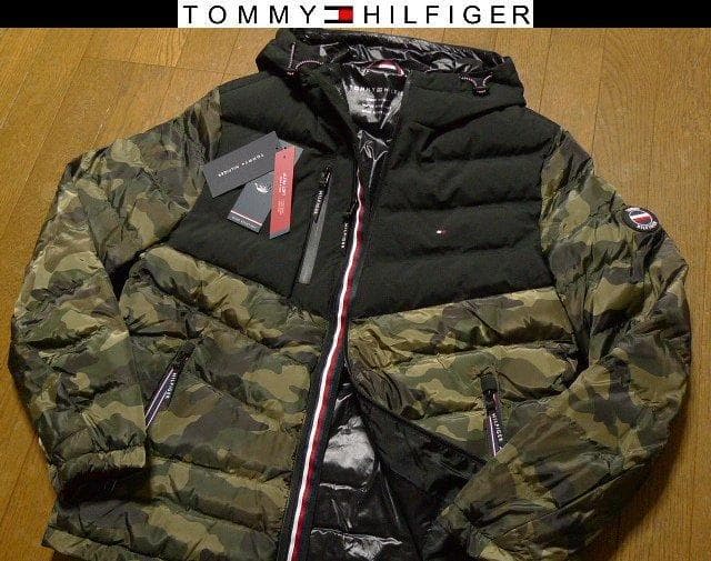 L日本サイズ位トミーヒルフィガーUSA限定ダウンジャケット マットブラック×カモ