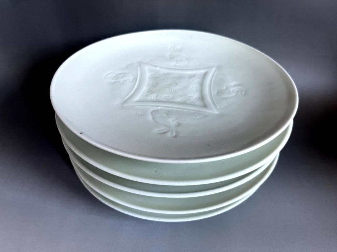 皿■可愛い兎紋白磁皿 5枚 大皿 鳥 古美術 時代物 骨董品 21.6cm■