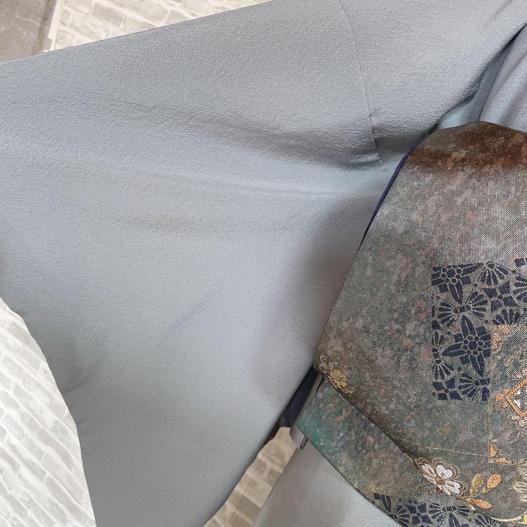 色無地　フルセット　青系　くすみブルー　縮緬　シンプル　礼装　カジュアル　H2