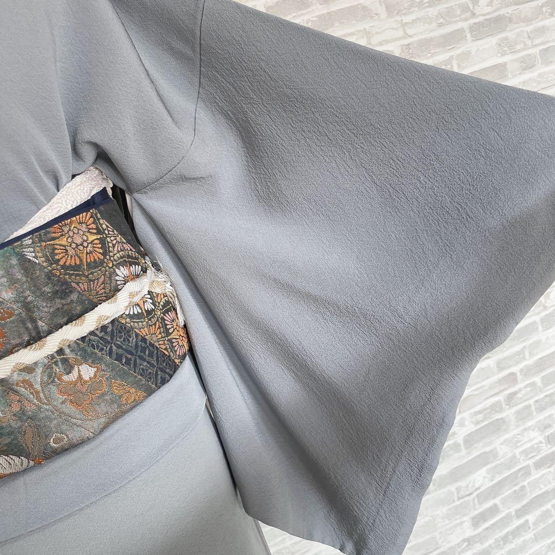 色無地　フルセット　青系　くすみブルー　縮緬　シンプル　礼装　カジュアル　H2