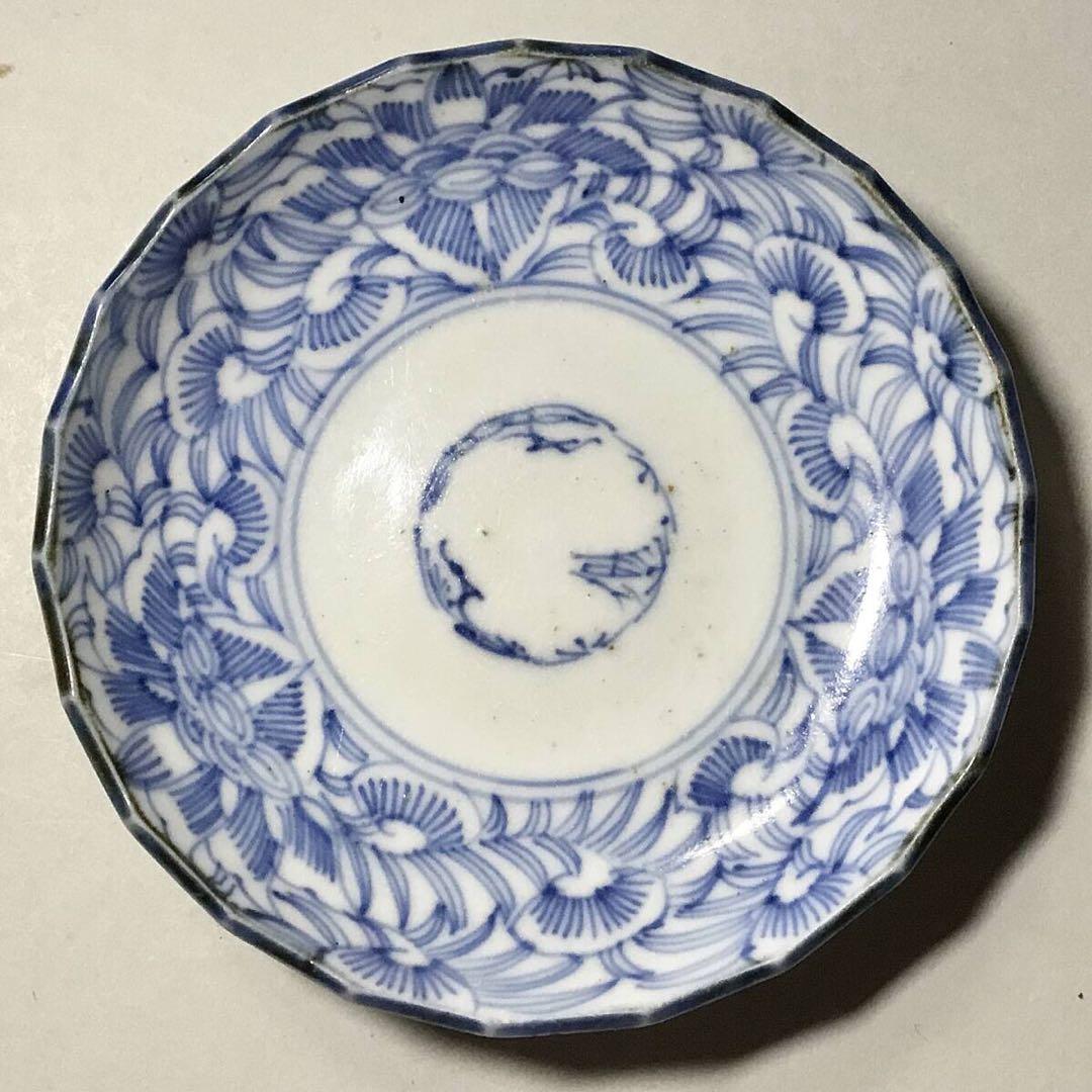 古伊万里◆染付 線描 小皿5枚◆江戸後期 幕末 手塩皿 小皿 豆皿 有田 花唐草