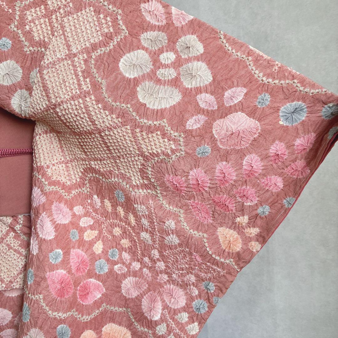 小紋　フルセット　着物　正絹　絞り　しつけ糸付き　和らぎピンク　華やぎ　G9