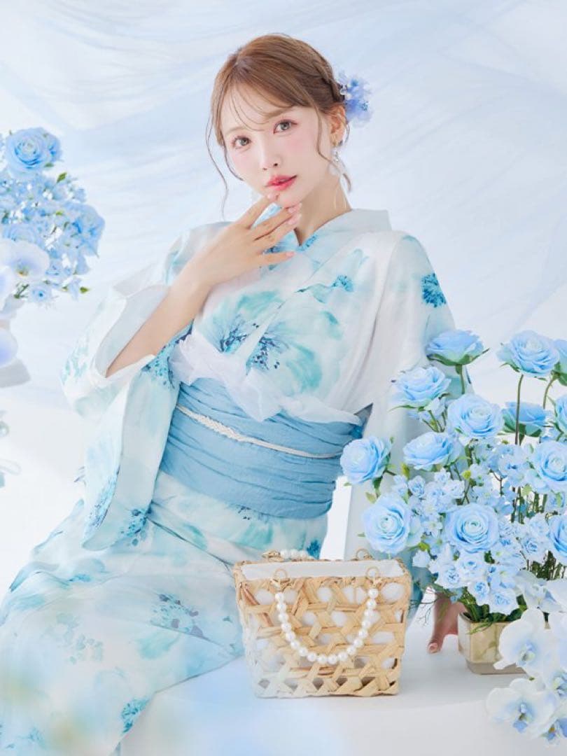 ブルーグレイニュアンスフラワー浴衣【浴衣3点セット】sugar 三上悠亜