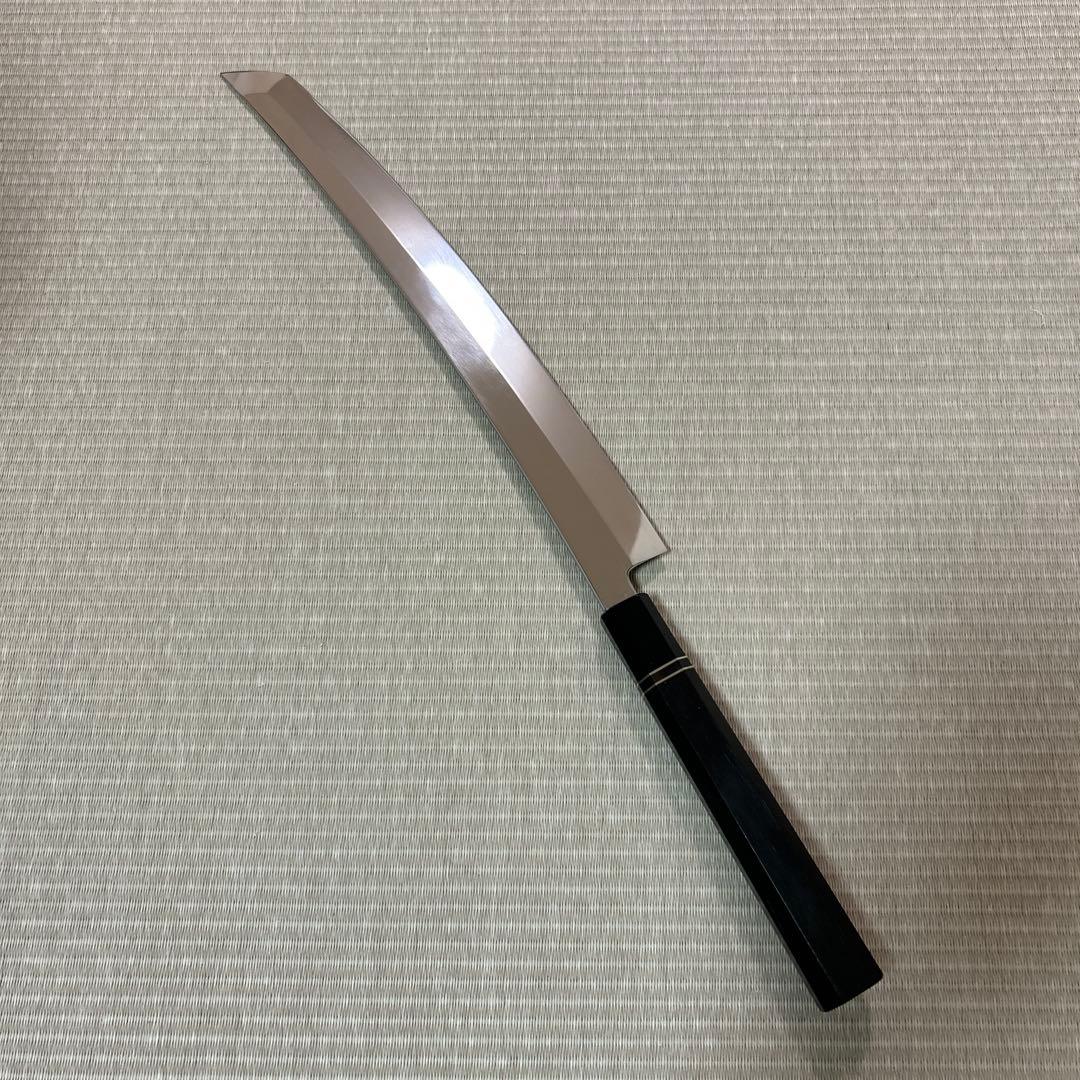 先丸　柳刃　包丁　和包丁　V金10号　本焼　鏡面　鬼反り　尺二　黒檀黒水牛八角柄