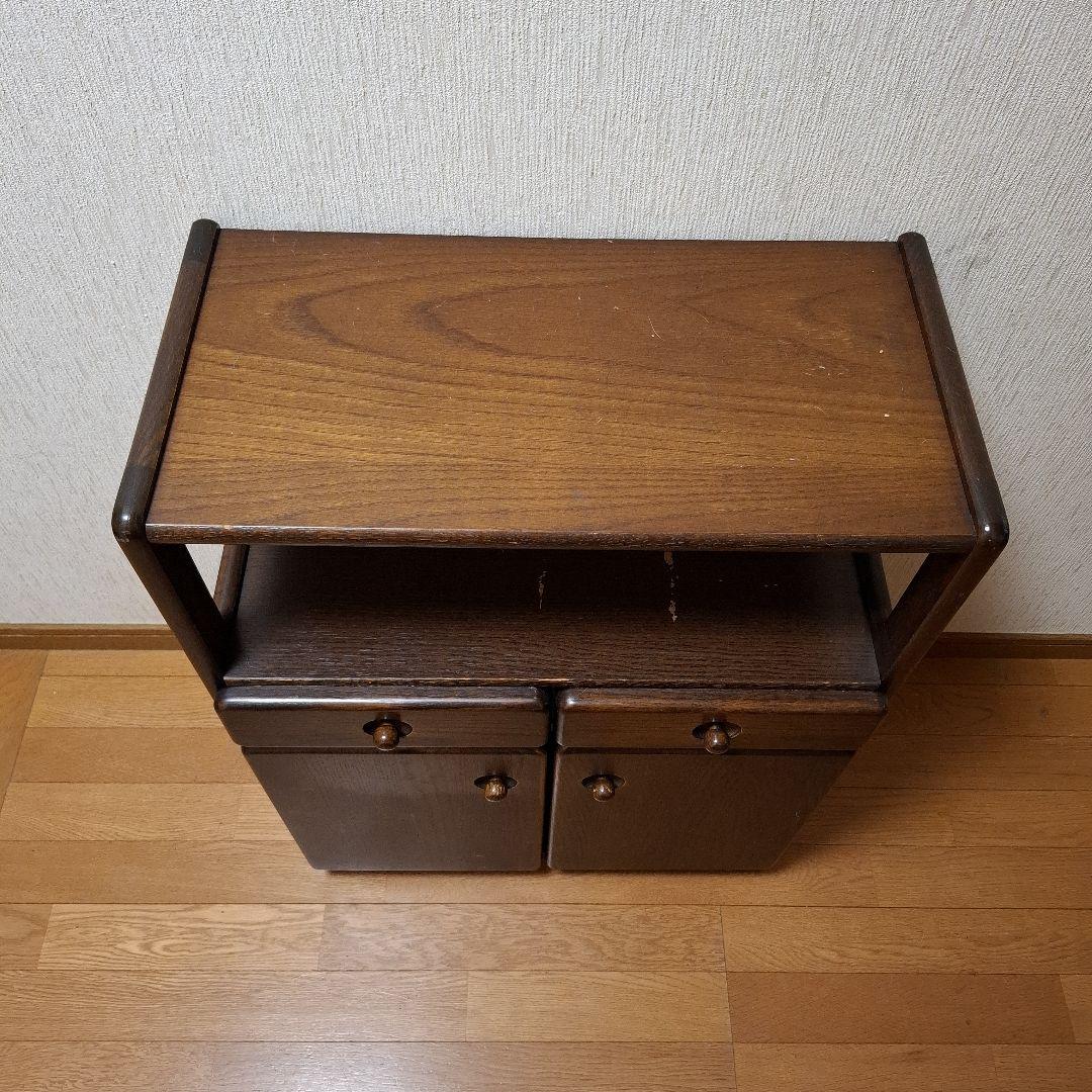 昭和レトロ電話台　ダークブラウン　ファックス台　木製　自由棚　引き出し・扉付き