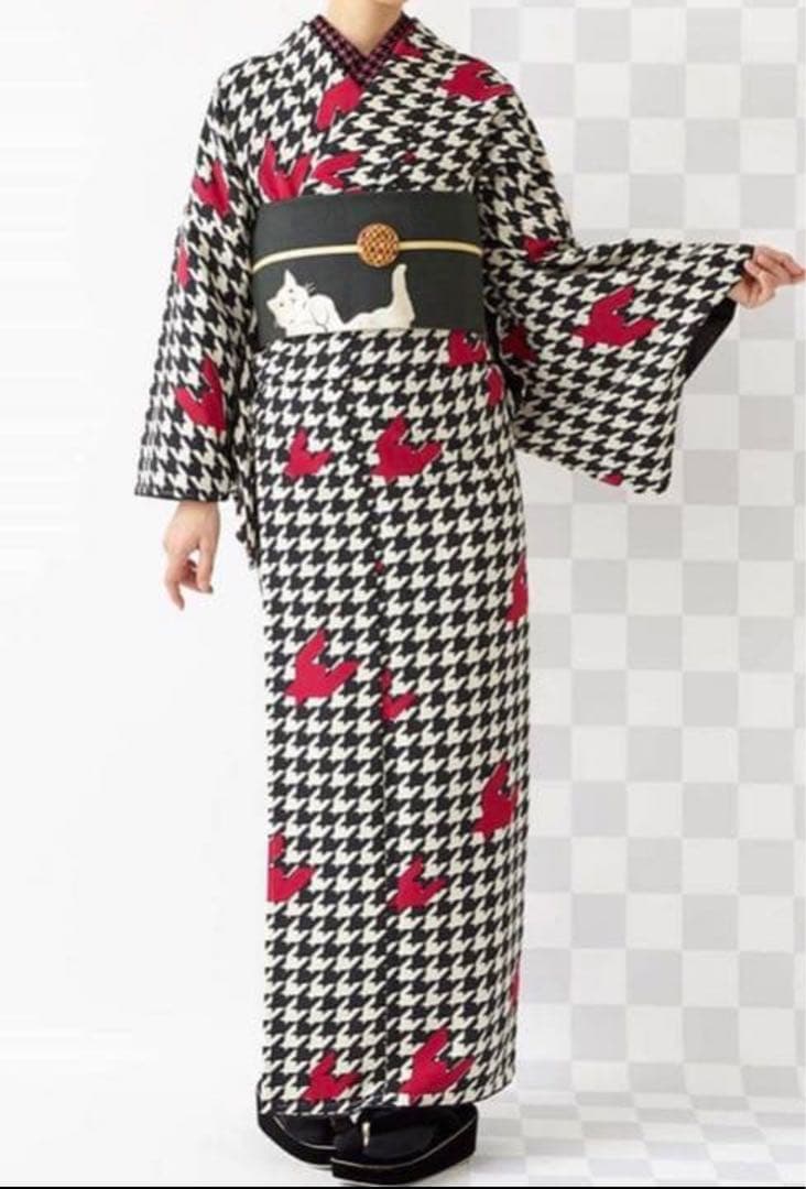 ふりふ　洗える着物　千鳥　美品　モノトーン　いちごコーデ　袷　着物　バレンタイン