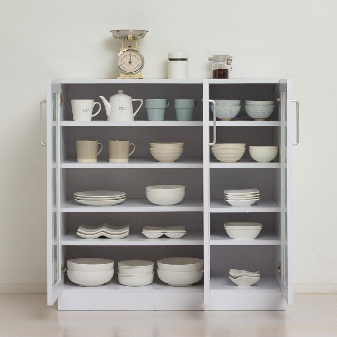 ヌーヴォー　食器棚　サイズ90-90　収納棚　鏡面メラミン仕様　背面化粧仕上げ