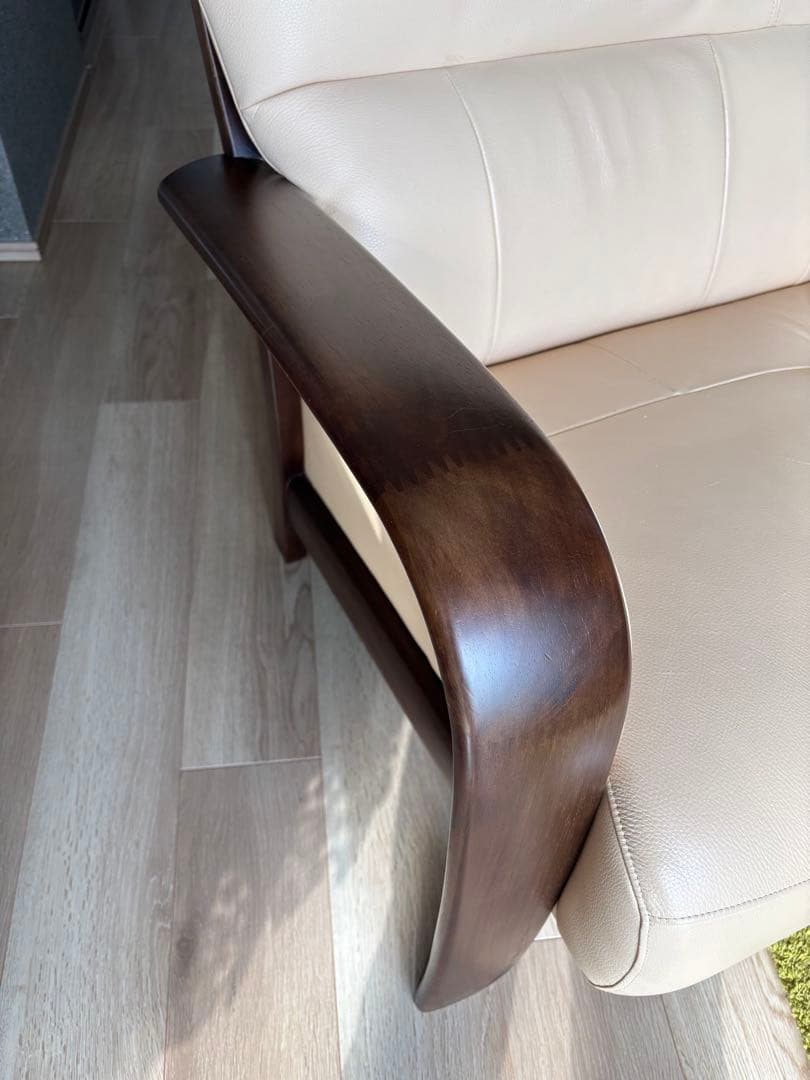 【送料込】カリモク 本革 レザー ハイバック3人掛 トリプル ソファ 木肘