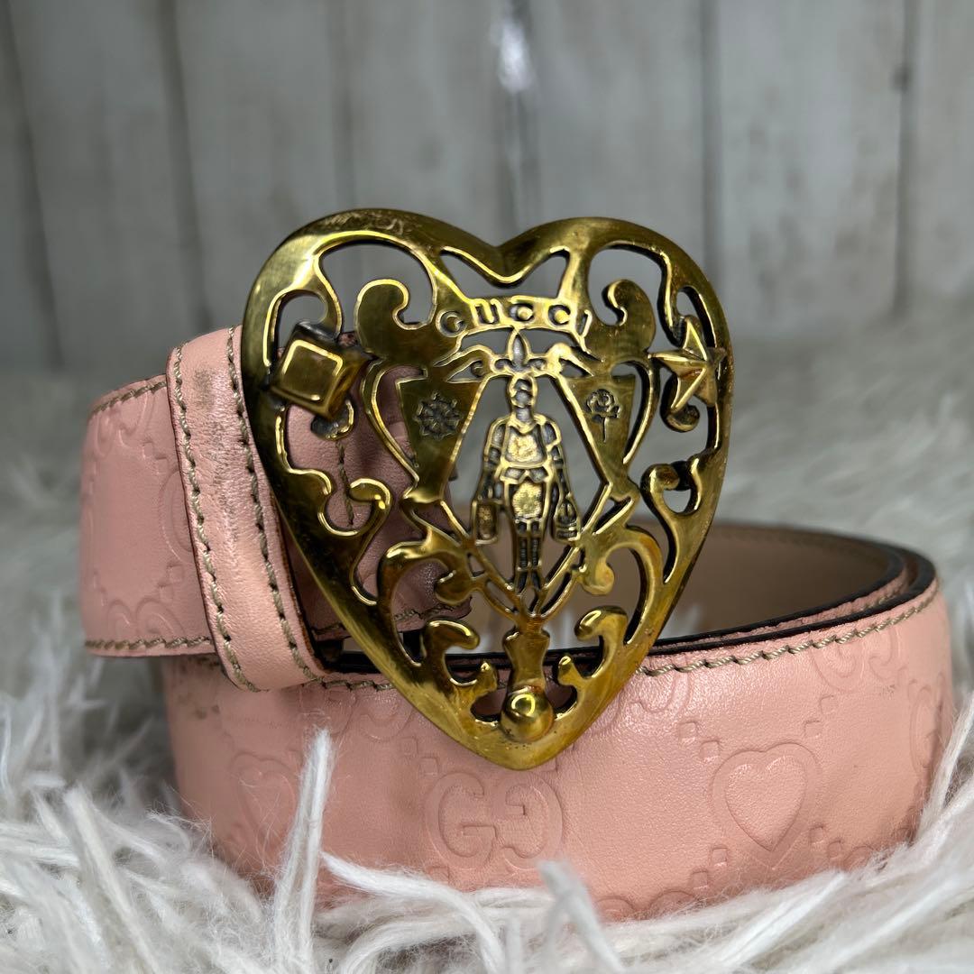 GUCCI ベルト　ハート　ロゴ　GG シマ　ピンク　レザー　レディース