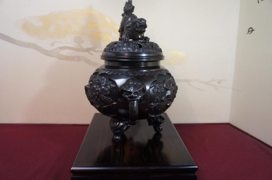 ★美品 未使用 高岡銅器 瑞峰作 新特大 花鳥 高級銅製香炉工芸作家造 送料込み