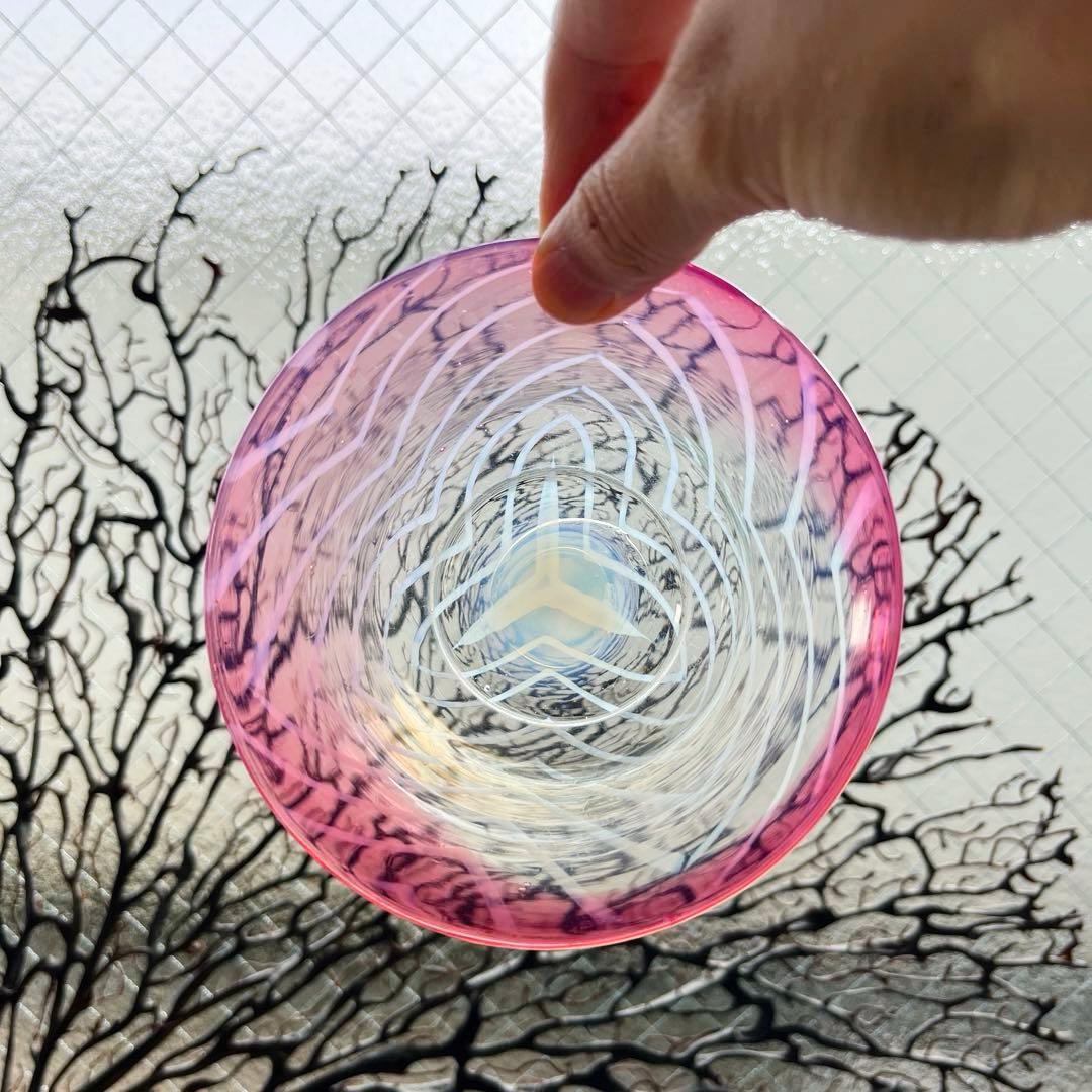 骨董　時代ガラス　超希少　金赤フチ　反り口　澤瀉紋　氷コップ　氷鉢　ウランガラス