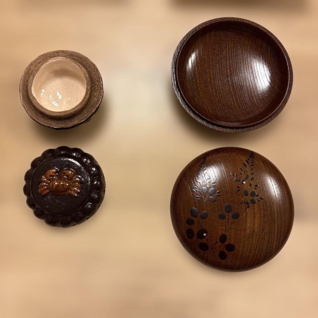 香合　菊蟹と欅萩蒔絵　茶道具2点セット