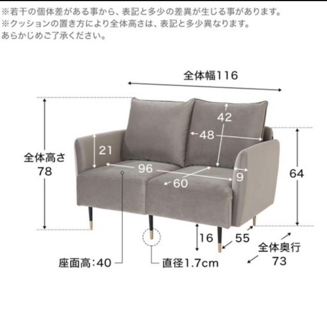 LOWYA ベルベット調 2人掛けソファ グレー コンパクト